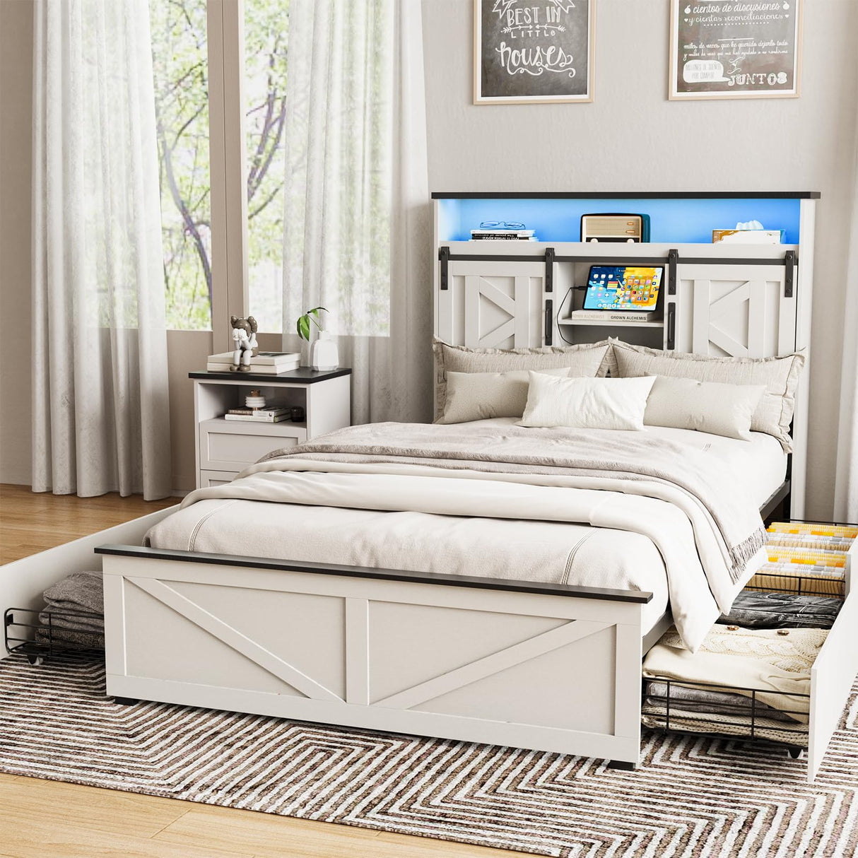 Fameill Farmhouse Twin Size Bed Frame with 4 Drawers and Bookcase Headboard, Sliding Barn Door Storage Shelves, LED Lights and Charging Station, No Box Spring Needed, Antique White Fameill
