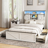 Fameill Farmhouse Twin Size Bed Frame with 4 Drawers and Bookcase Headboard, Sliding Barn Door Storage Shelves, LED Lights and Charging Station, No Box Spring Needed, Antique White Fameill
