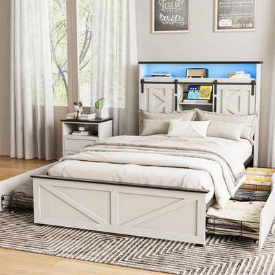Fameill Farmhouse Twin Size Bed Frame with 4 Drawers and Bookcase Headboard, Sliding Barn Door Storage Shelves, LED Lights and Charging Station, No Box Spring Needed, Antique White