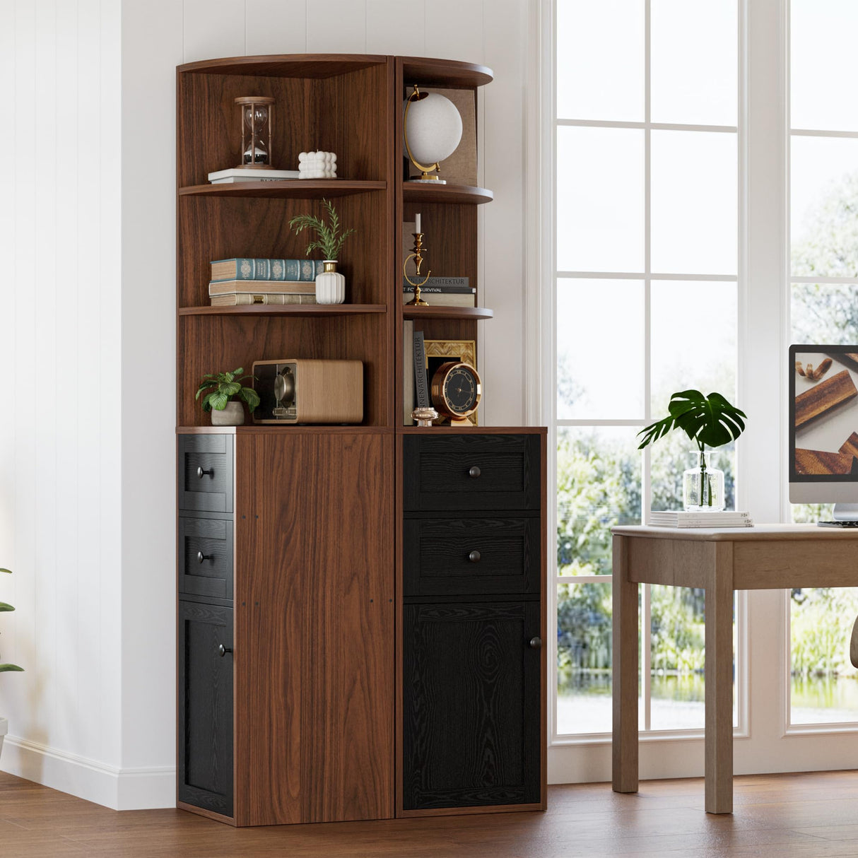 IRONCK Corner Bookshelf and Bookcase, 71" H Wooden Book Shelves 3 Tier with Drawers and Storage Cabinet for Living Room, Office, Bedroom, Brown and Black IRONCK