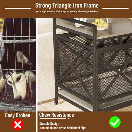 COZPAW Large Dog Crate Furniture, 48 Inch Wooden Dog Kennel for XLarge Dogs, Heavy Duty Dogs Furniture Indoor Wire Dog Cage with Caster Wheels,Decorative Pet House End Table, Textured Gray COZPAW