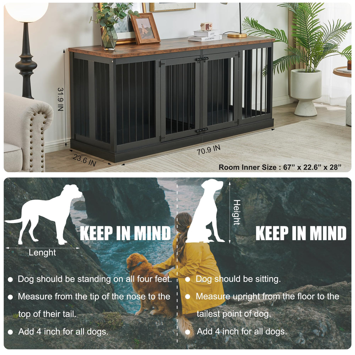 70.9'' Double Dog Crate Furniture, Furniture Style Dog Crate Table, Wood Crates for Dogs Kennel Indoor with Removable Divider, XXL Heavy Duty Decorative Dog Crate Table for 2 Dogs (Black) MAOVUIO