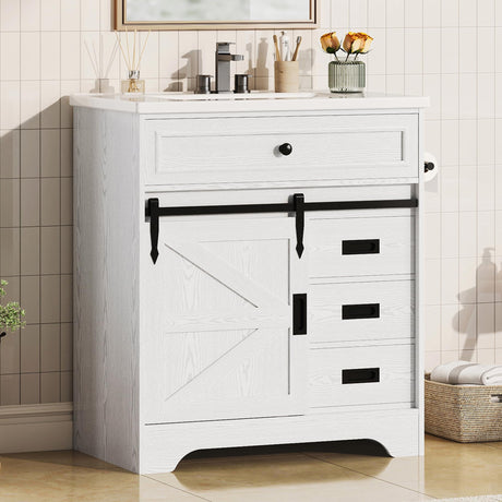 IRONCK 30" Bathroom Vanity with Sink, Farmhouse Bathroom Sink Cabinet with Flip Drawer & Sliding Barn Door, Freestanding Bathroom Vanities with Metal Handles, Paper Towel Holder,White IRONCK