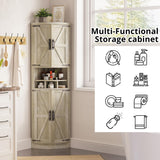 IRONCK Tall Corner Cabinet with 3 Wine Racks, Farmhouse Storage Cabinet with 4 Doors and Adjustable Shelves, Barn Door Design, Corner Bar Cabinet for Living Room, Kitchen, Laundry Room Rustic Maple IRONCK