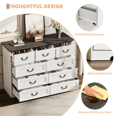 9-Drawer Dresser for Bedroom, 47 in Wide Dressers Wood Vintage Chest of Drawers with Natural Texture and Vintage Gold Floral Handles, Farmhouse Storage Organizer for Living Room, Hallway Entryway GarveeHome