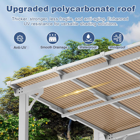 MEISSALIVVE 8' x 12' Wall Mounted Lean to Metal Awnings with Sloped Roof, Outdoor Patio Gazebo Awning for Backyard, Deck, White MEISSALIVVE