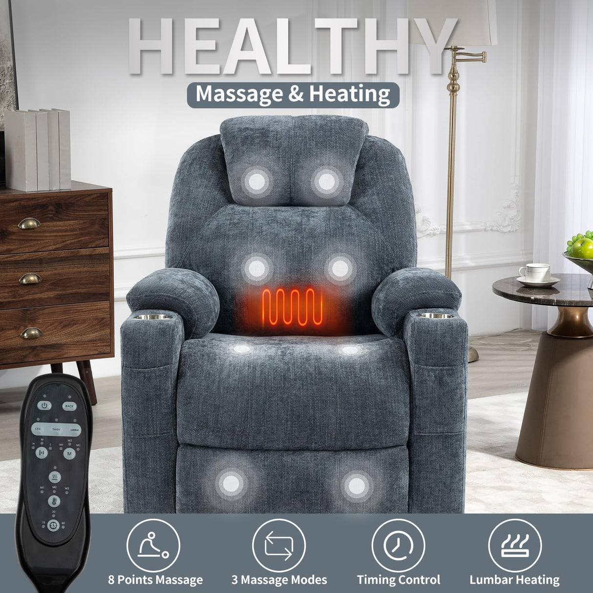 Trustyue Upgraded Power Lift Recliner Chair with Massage & Heat, Premium Motor, Max 155° Reclining, Standing Assistance for Elderly, USB Ports, Stainless Steel Cup Holders, Chenille Blue Trustyue