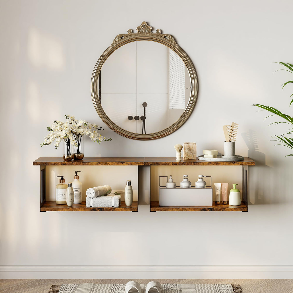 Floating Nightstand Set of 2, 2-Tier Floating Shelves Wall Mounted,Floating Bedside Table Wall Shelf,Display Wall Shelves for Bedroom,Living Room, Bathroom, Kitchen,Rustic Brown YUJSBHJAN