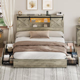 Hasuit Farmhouse Bed Frame King Size with 4 Storage Drawers, Wooden Platform King Beds with Charging Station and LED Lights, Rustic Bed with Storage Headboard and Sliding Barn Door Hasuit