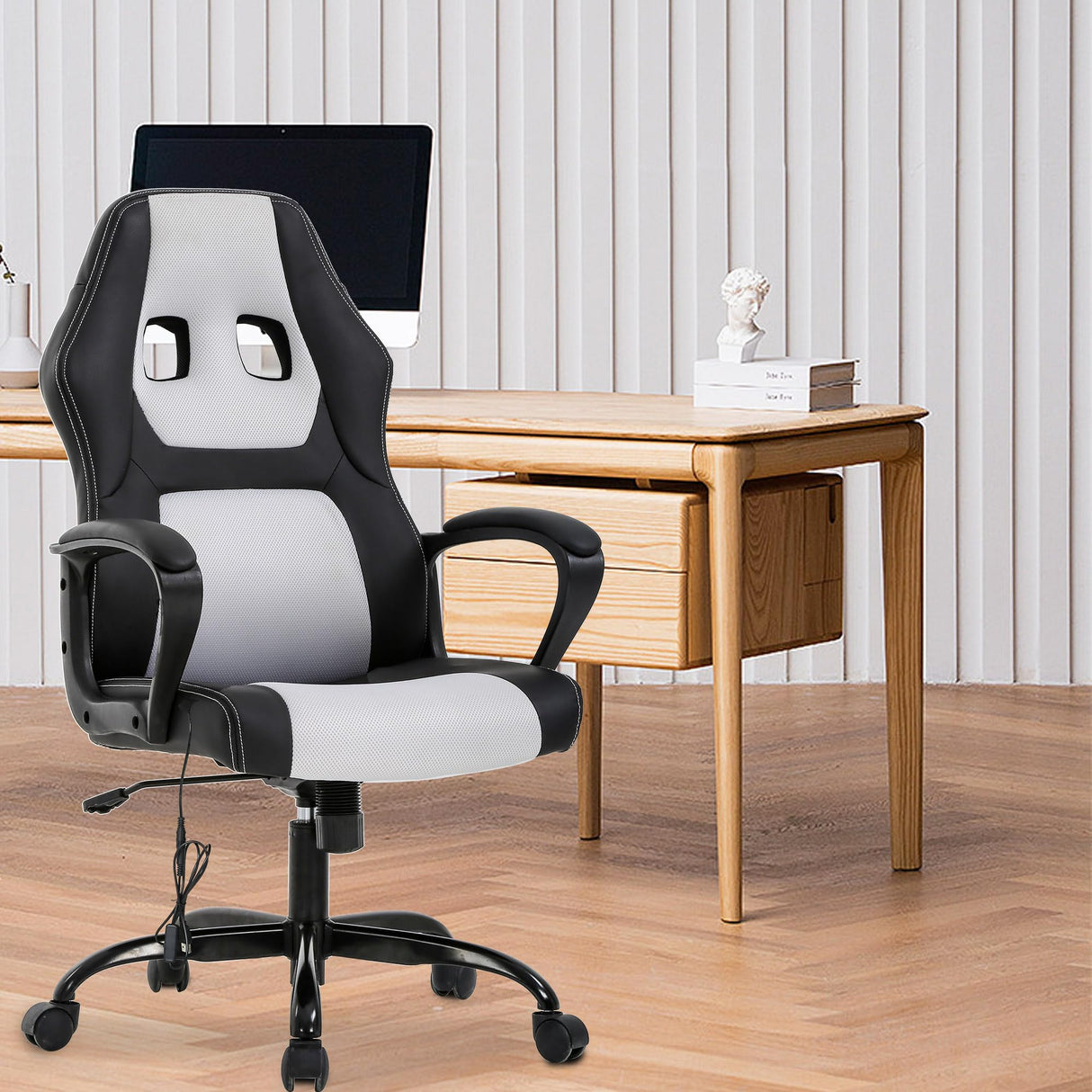 PayLessHere Gaming Chair Office Chair Support Adjustable Ergonomic Pu Leather Racing Lumbar Massage Chair Headrest Armrest Task 360° Swivel Ergonomic Computer Chair for Women Men Adults,White PayLessHere