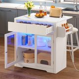 YITAHOME Rolling Kitchen Island with Seating and LED Lights, Mobile Storage Islands with Drop Leaf, Dining Table with Power Outlet, 2 Drawers and Soft Stools, Spice/Towel Rack, Marble Finish, White YITAHOME