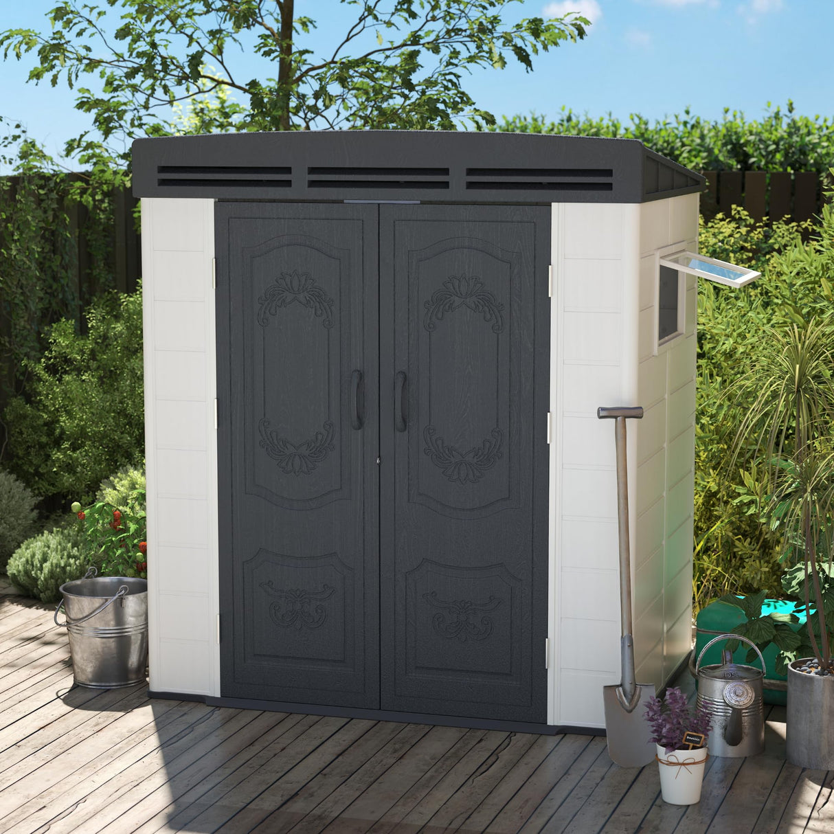 Patio Kingdom 6x4FT HDPE Resin Outdoor Storage Shed with Sloped Roof, Injection Molded Plastic Lean to Garden Tool Shed, All Weather Resistant, Lockable Double Doors & Ventilation for Backyard Patio Patio Kingdom