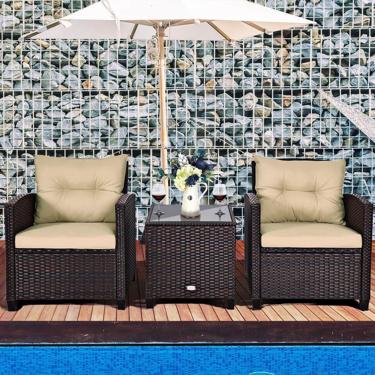 Tangkula 3 Pieces Patio Furniture Set, PE Rattan Wicker 3 Pcs Outdoor Sofa Set w/Washable Cushion and Tempered Glass Tabletop, Conversation Furniture for Garden Poolside Balcony (Beige) Tangkula