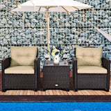 Tangkula 3 Pieces Patio Furniture Set, PE Rattan Wicker 3 Pcs Outdoor Sofa Set w/Washable Cushion and Tempered Glass Tabletop, Conversation Furniture for Garden Poolside Balcony (Beige) Tangkula