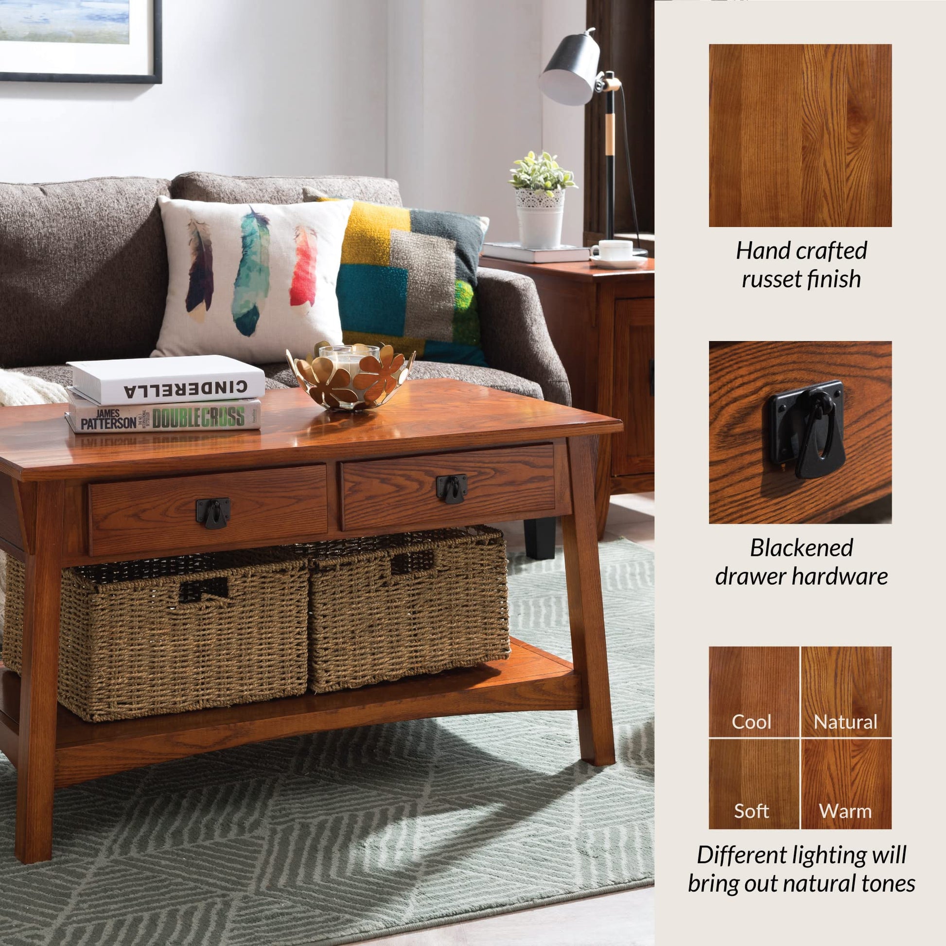 Leick Home 10055-RS Mission Coffee Table for Living Room, Two Drawers and Shelf, Made with Solid Wood, Russet Finish - WoodArtSupply