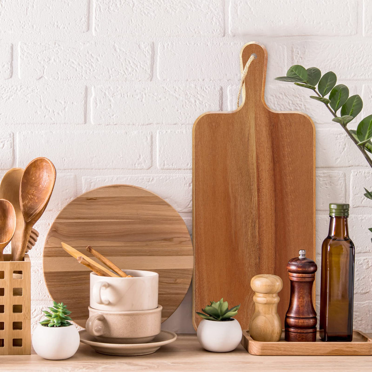 6 Pack Acacia Wood Cutting Board with Handle Wooden Kitchen Chopping Boards Large Wooden Charcuterie Boards Cheese Serving Board Wooden Cutting Board for Meat Cheese Bread Vegetables Fruit (17 x 7 In) Gerrii