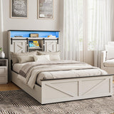 Fameill Farmhouse Twin Size Bed Frame with 4 Drawers and Bookcase Headboard, Sliding Barn Door Storage Shelves, LED Lights and Charging Station, No Box Spring Needed, Antique White Fameill