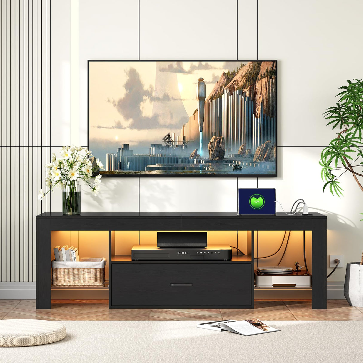 HOOBRO LED TV Stand with Power Outlets to 65 inch TV, Gaming Entertainment Center with Glass Shelves and Large Drawer, Modern Media TV Console Table for Living Room Bedroom, Black BB14UDDS01G1 HOOBRO