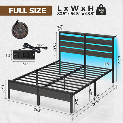 Rolanstar Bed Frame Full Size with USB Charging Station, LED Bed Frame with Wood Storage Headboard, Black Metal Platform Bed with Under Bed Storage, No Box Spring Needed, Noise Free