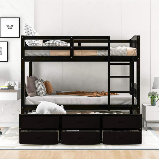 Harper & Bright Designs Twin Over Twin Bunk Bed with Ladder and Storage Drawers, Wood Bunk Bed with Safety Rail and Trundle for Kids Teens Adults, No Box Spring Required (Espresso)