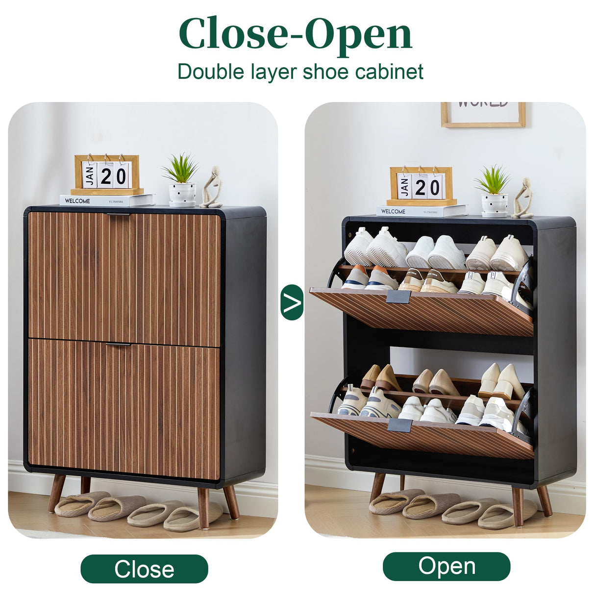 Fluted Shoe Cabinet Storage for Entryway,Slim Shoe Cabinet with 2 Flip Drawers, Narrow Shoes Rack Organizer (Walnut with Black, 2 Drawers) FurSch