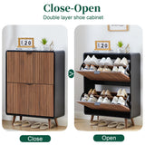 Fluted Shoe Cabinet Storage for Entryway,Slim Shoe Cabinet with 2 Flip Drawers, Narrow Shoes Rack Organizer (Walnut with Black, 2 Drawers) FurSch