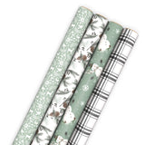 Hallmark Recyclable Neutral Christmas Wrapping Paper (4 Rolls: 100 Sq. Ft. Ttl) White and Sage Green Evergreen Pinecones, Rustic Snowmen, Plaid, Nordic Deer and Foliage Hallmark