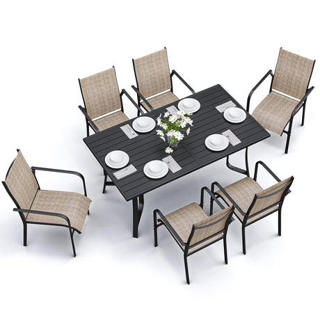 BUPPLEE 7-Piece Outdoor Patio Dining Set - 6 Stackable Texlin Sling Chairs & 63" Steel Table, Weatherproof Low-Maintenance Furniture for Backyard/Balcony/Poolside, Includes 1.57"-1.97" Umbrella Hole BUPPLEE