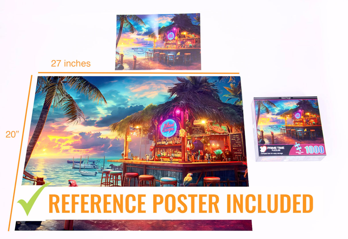 Prime Time Puzzles 1000 Piece Jigsaw Puzzle for Adults - Beach Bar at Sunset - Challenging Puzzle Perfect for Game Nights - 1000 Piece Puzzle for Adults. 20x27 inches(Island Escape) Prime TIme Puzzles