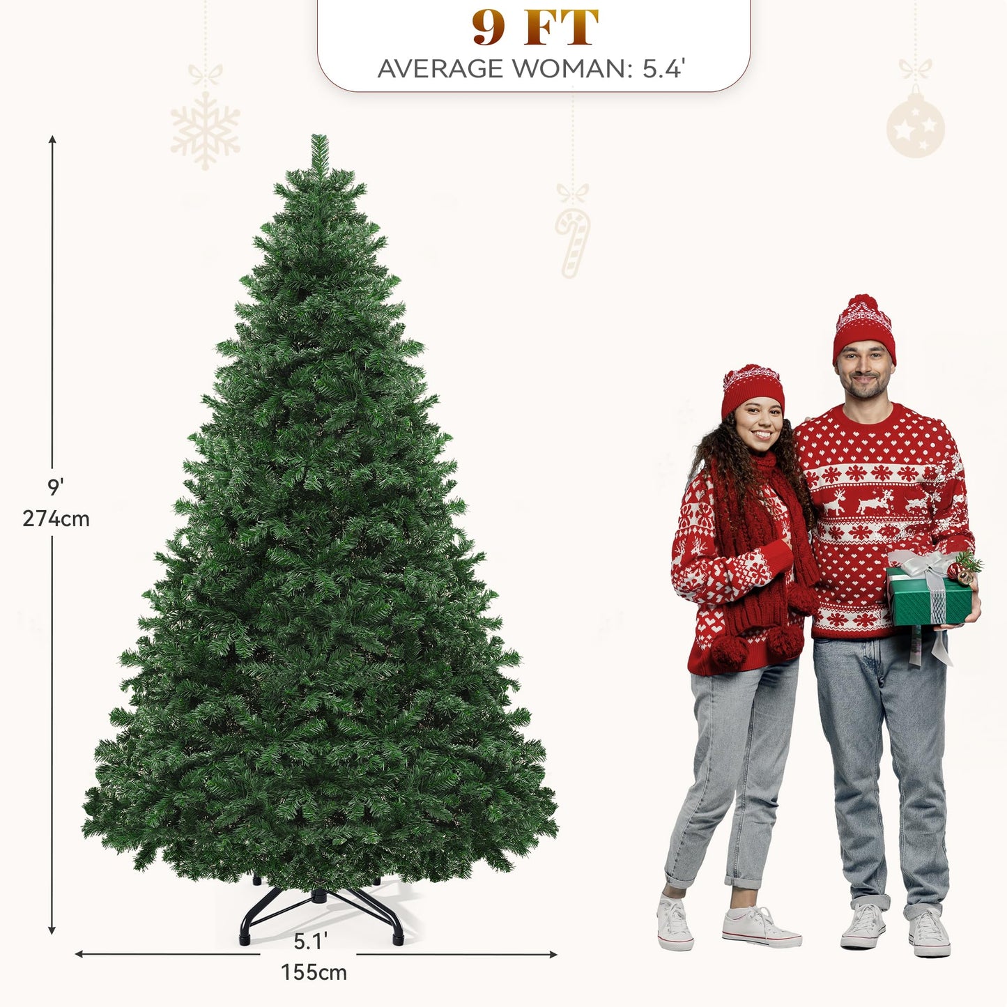 YITAHOME Green Spruce Artificial Christmas Tree 9ft, Artificial Pine Tree with 2028 Branch Tips and Metal Hinges, and Foldable Base for Home, Office, and Party Decorations