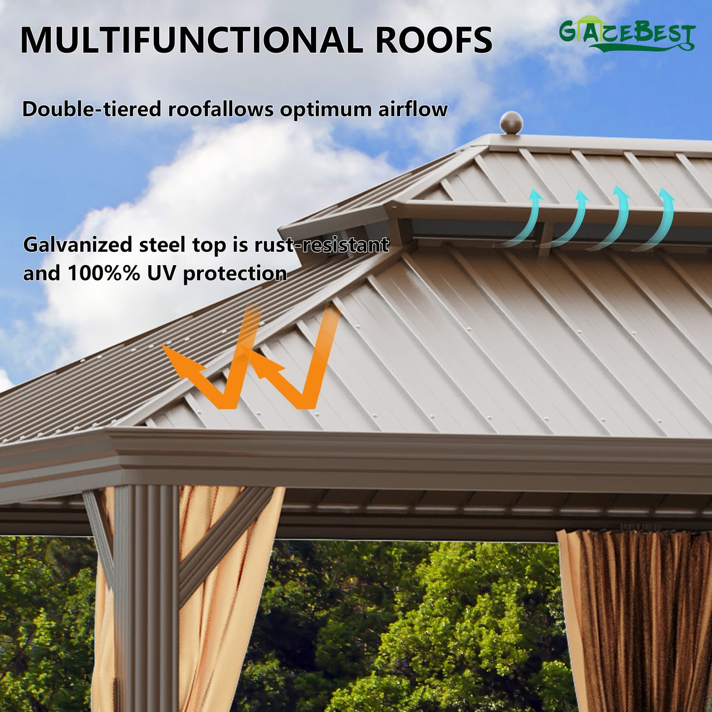 GAZEBEST 14' X 20' Hardtop Gazebo Outdoor Aluminum Patio Gazebo Double Roof Galvanized Steel Gazebo Canopy Wooden Finish Coated with Netting and Curtains,for Garden Patio,Patio Backyard,Deck  - WoodArtSupply