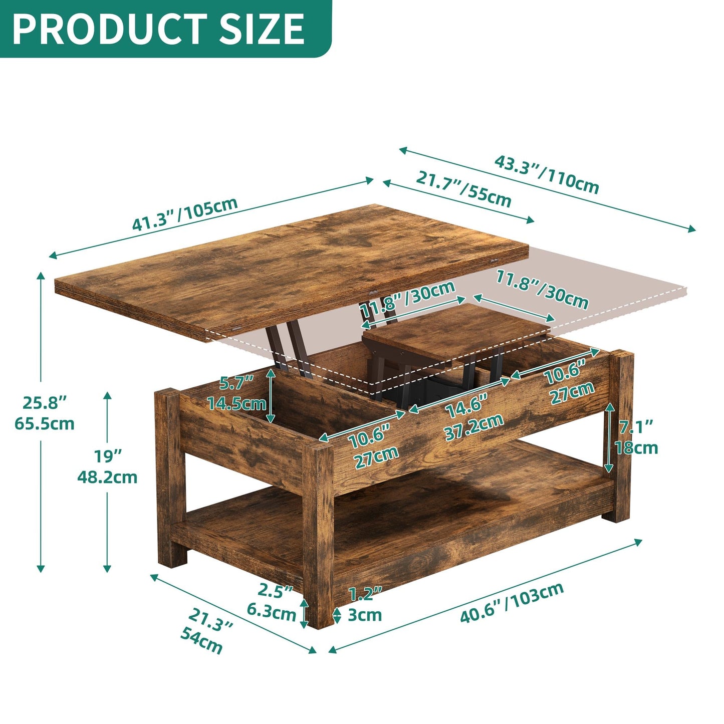 YITAHOME Coffee Tables for Living Room, Lift Top Coffee Table, 3 in 1 Multi-Function Coffee Table, with Storage, Farmhouse Coffee Table Wood Center Table with Hidden Compartment, Rustic Brown - WoodArtSupply