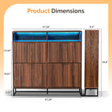 VINGLI Fluted Shoe Cabinet Storage for Entryway,Hidden Shoes Storage Cabinet with 4 Flip Drawers, Mid Century Modern Shoe Rack with LED Light,Shoes Organizer with Cubby for Hallway(Dark Walnut) VINGLI