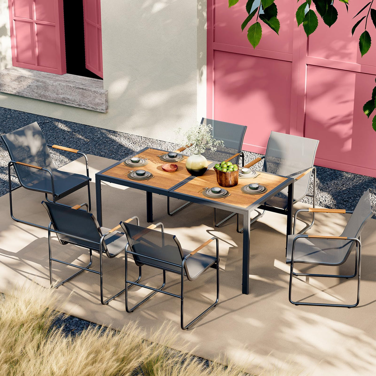 Rotihom 7 Pieces Patio Dining Set,Outdoor Patio Table and Chairs Set For 6 with 6 Texlin Seats & 59" Wood-Like Pspc Table, Strengthened Metal Frame Outdoor Patio Dining Sets For Backyard/Deck/Poolside Rotihom