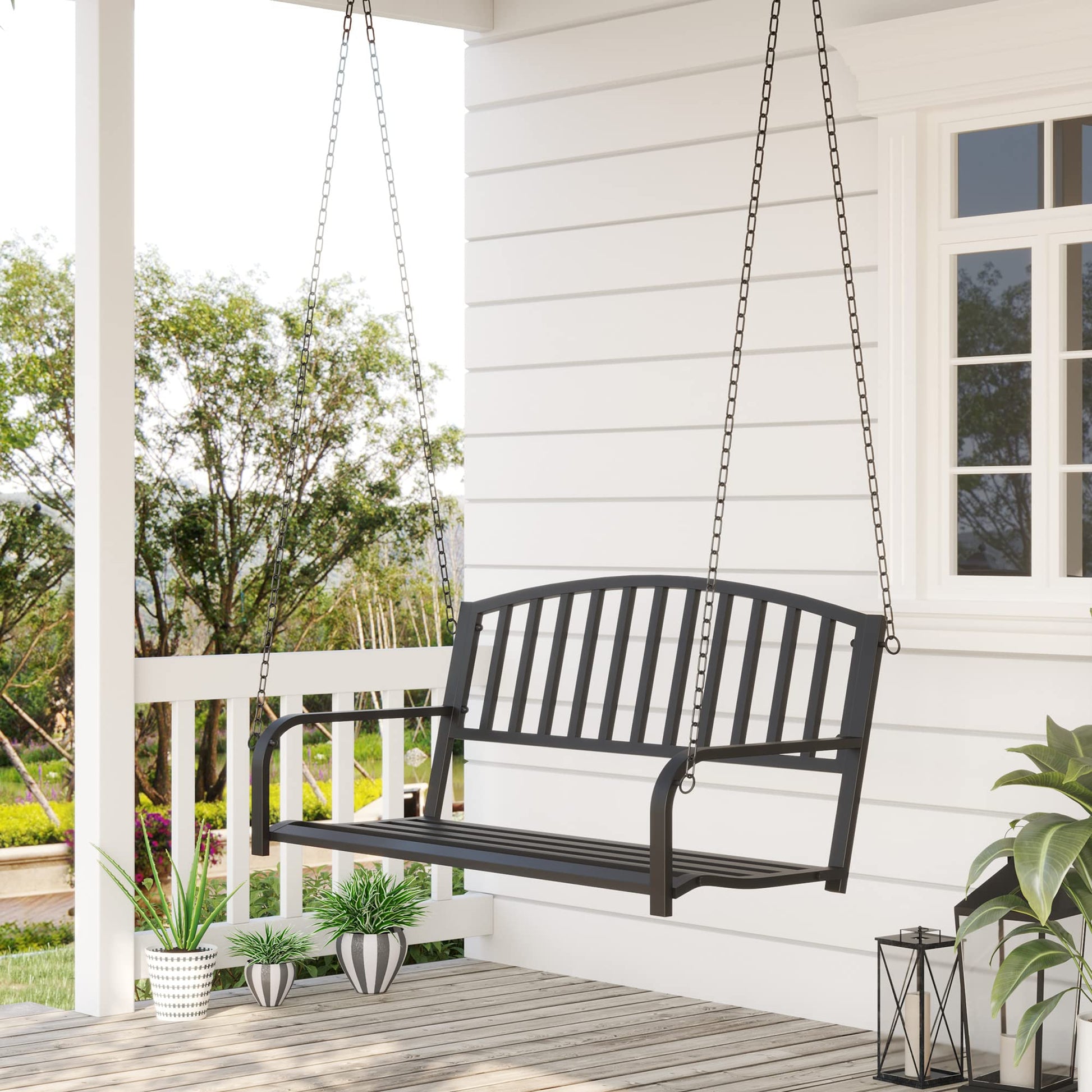 Outsunny 2 Person Front Porch Swing Patio Swing Bench, Outdoor Steel Swing Chair with Sturdy Chains, for Backyard, Deck, 528 lb Weight Capacity, Black - WoodArtSupply