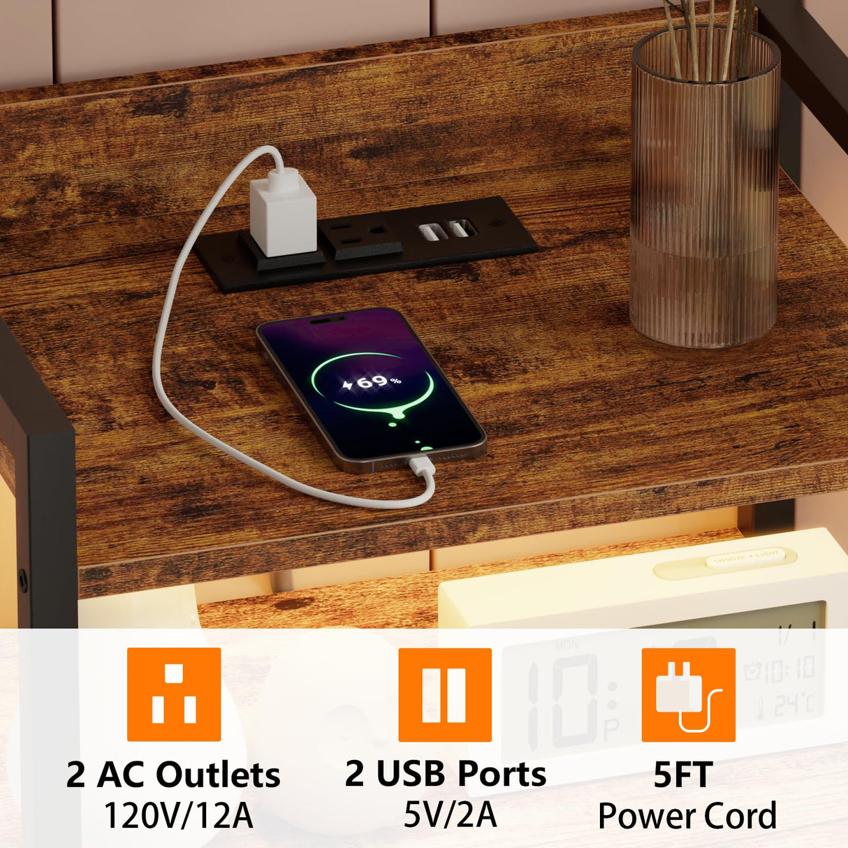 Furnulem 5 Drawer Dresser for Bedroom, Tall Nightstand with Led Light and Charging Station, Small Night Stand Bedside Table, Fabric Bins, Metal Frame, Wood Shelf, Side Furniture(Rustic Brown) Furnulem