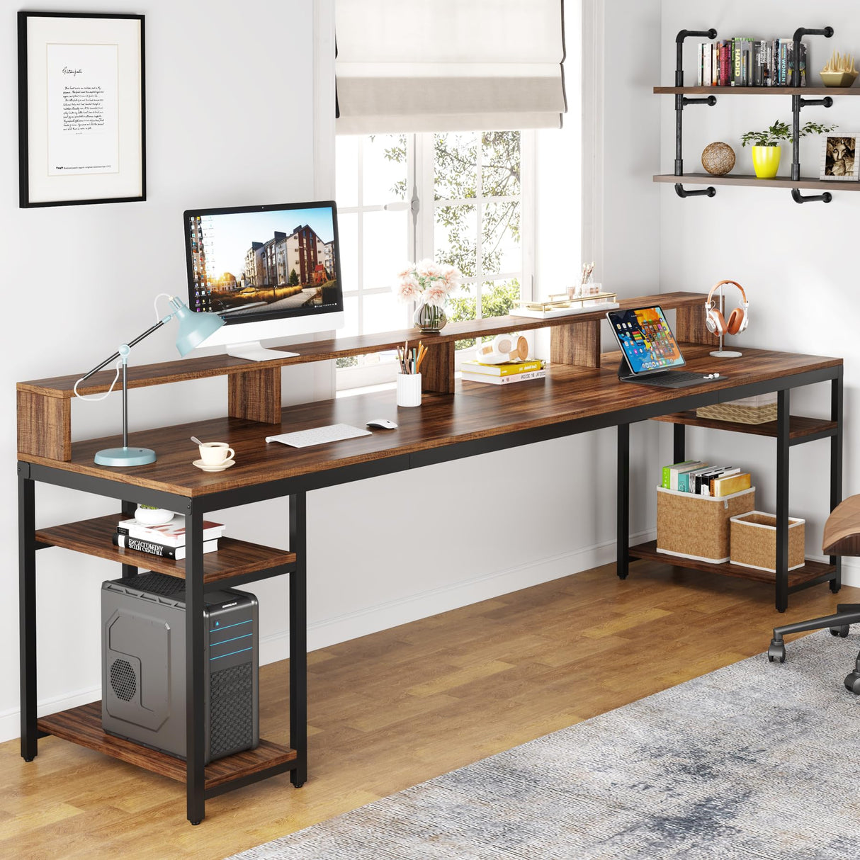 Tribesigns Two Person Desk with Monitor Stand, 78.74" Long Double Computer Office Desk with Storage Shelves, Large Gaming Desk Study Writing Table Workstation for Home Office, Rustic Brown Tribesigns