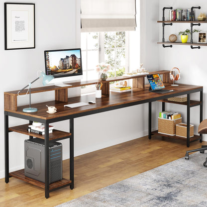 Tribesigns Two Person Desk with Monitor Stand, 78.74" Long Double Computer Office Desk with Storage Shelves, Large Gaming Desk Study Writing Table Workstation for Home Office, Rustic Brown - WoodArtSupply