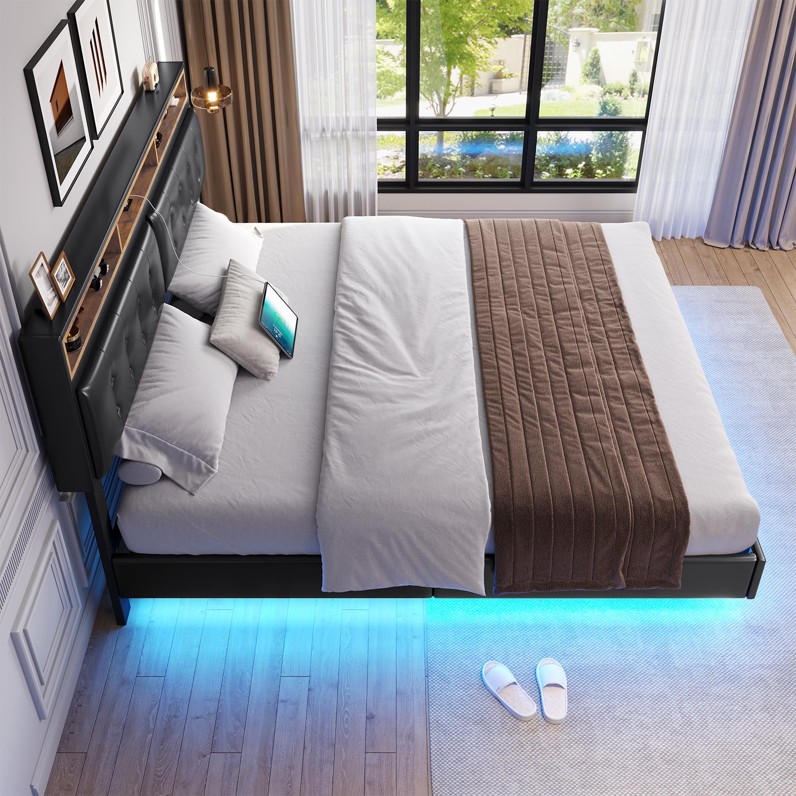 DICTAC King Size Floating Bed Frame with LED Lights and Tufted Faux Leather Headboard - Modern Storage Solution in Black - WoodArtSupply