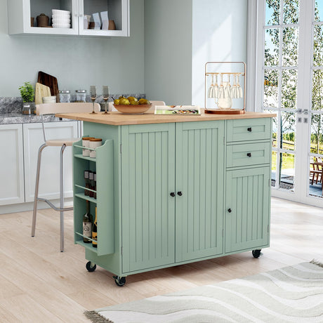 HLR Kitchen Island with Storage, Sage Green Rolling Kitchen Cart on Wheels with Drop-Leaf Bar Countertop, Islands Prep Table with Side Open Spice Rack and Tower Rack, Extra Storage for Kitchen HLR