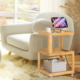 Bamboo Bed Side Table with Charging Station, Modern Boho Bedroom Nightstand with Tempered Glass Top, S Shape 3 Tier End Table Sofa Side Table with Wheels for Living Room, Bedroom, Easy Assembly DOKYW