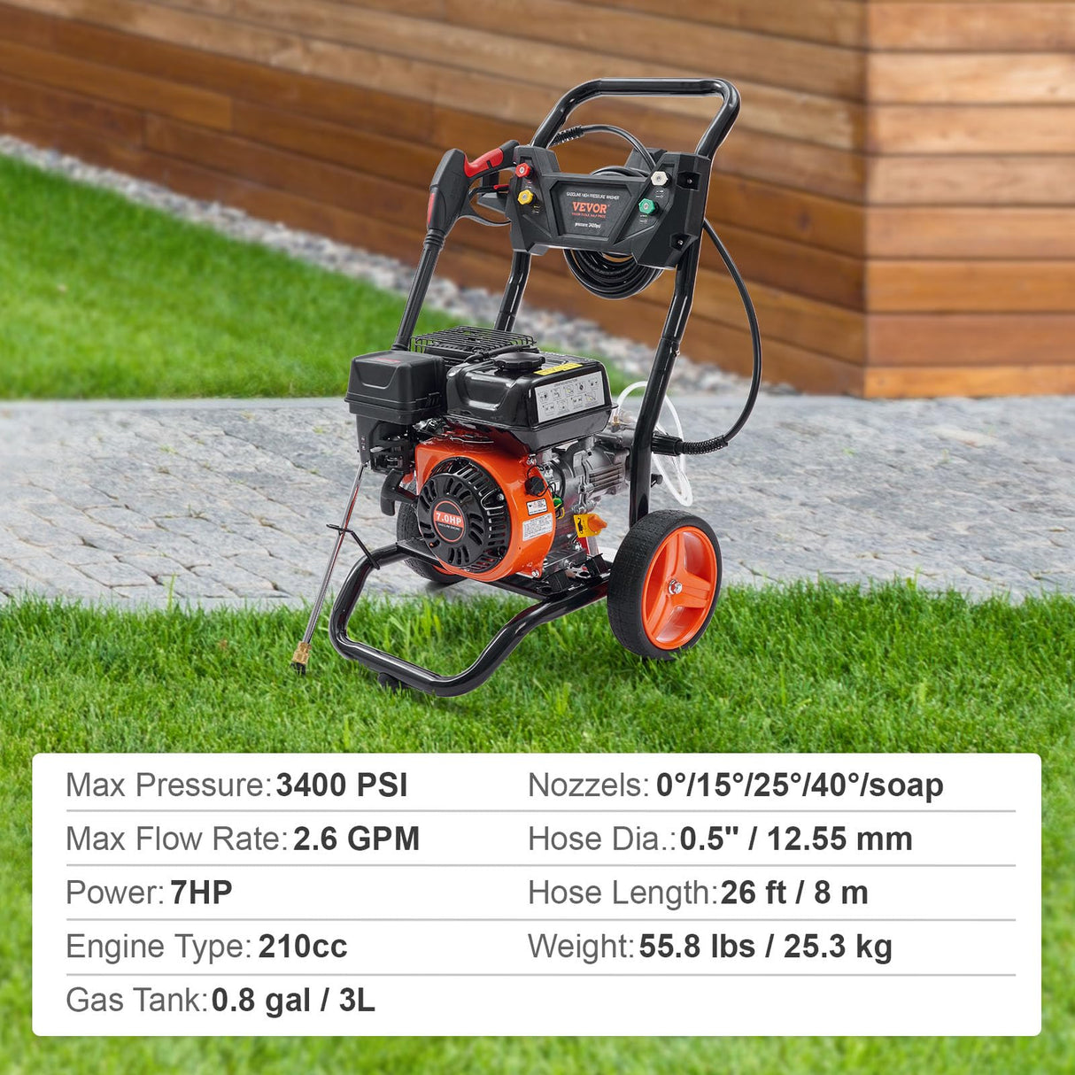 VEVOR Gas Powered Pressure Washer 3400 PSI 2.6 GPM, with Spray Gun and Extension Wand, 5 Quick Connect Nozzles, Copper Pump VEVOR