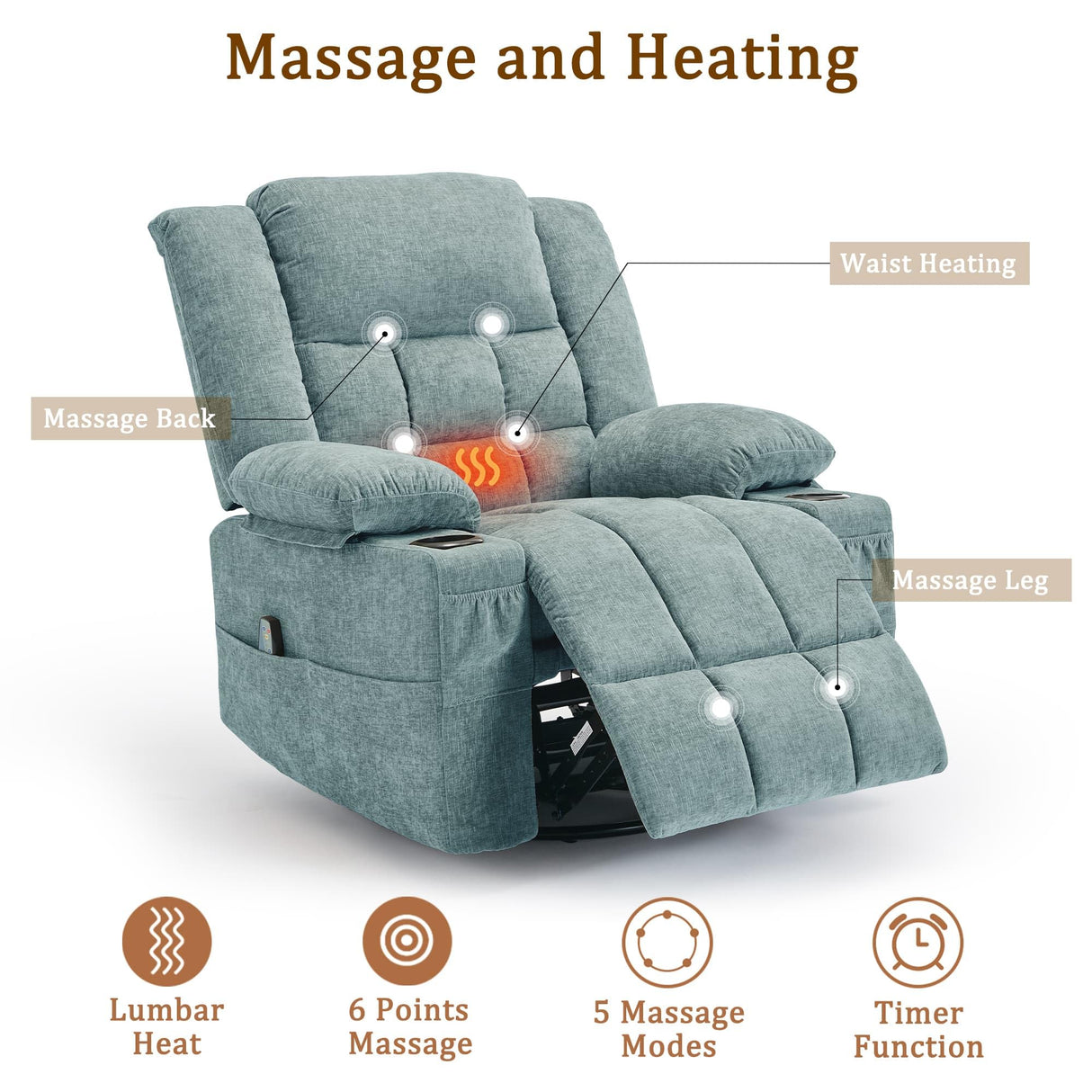 Korser Adult 360° Swivel Rocking Recliner, Baby Room Glider Recliner with Massage and Heating, Rocking Chair with Cup Holder, Living Room and Bedroom Manual Chair (Fabric, Lake Blue) Korser