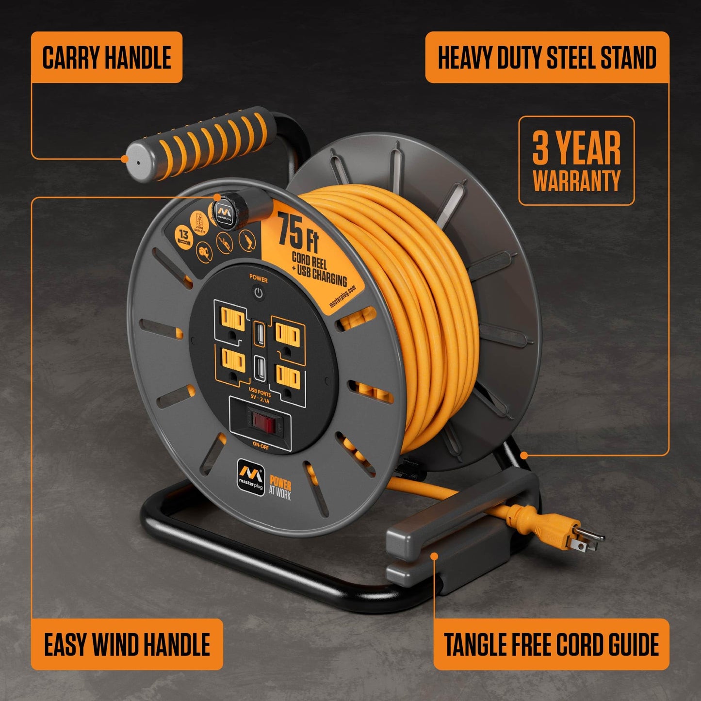 Masterplug 75ft Cord Reel, Retractable Extension Lead with Winding Handle, Safety Overload Circuit Breaker and Power Switch, 4x Grounded Outlets, 2x USB Ports, 15amps, 12AWG Cable - WoodArtSupply