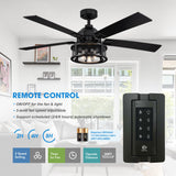 Ceiling Fans with Lights and Remote, 52 Inch Farmhouse Rustic Ceiling Fan for Bedroom Living Room, Black Outdoor Ceiling Fans with Caged Lights Chandelier, Reversible 5 Blades, Ventilador de Techo Parrot Uncle