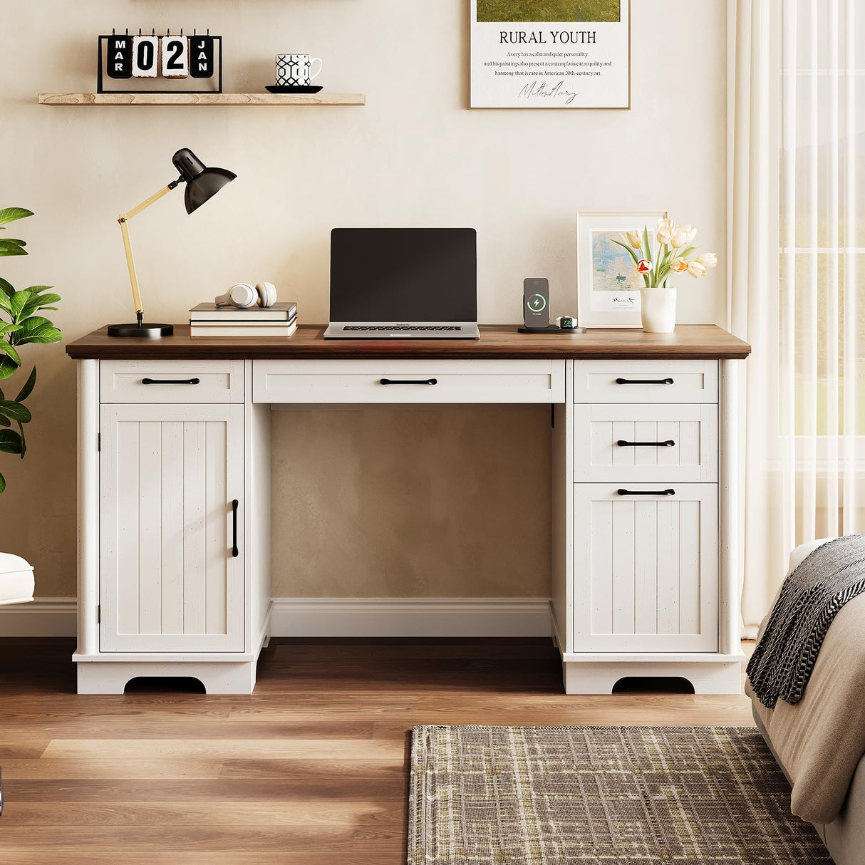 56" Farmhouse Executive Desk with File Drawer, Large Modern Computer Desk with Charging Station, Wood Home Office Desks with Storage, Adjustable Shelf, for Study Work Writing Living Room (White) ONBRILL