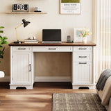 56" Farmhouse Executive Desk with File Drawer, Large Modern Computer Desk with Charging Station, Wood Home Office Desks with Storage, Adjustable Shelf, for Study Work Writing Living Room (White) ONBRILL