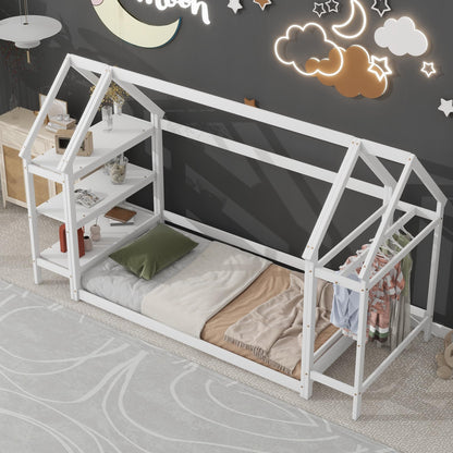 Mirightone Twin House Bed Frame with Storage - Montessori Floor Bed for Kids in White - WoodArtSupply