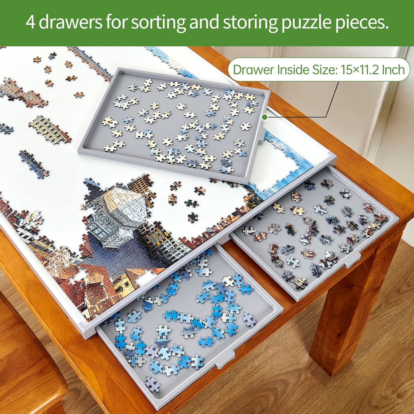 1500 Piece Non-Wood Jigsaw Puzzle Board with Drawers and Felt Fabric Cover Mat, Portable Puzzle Table for Adults, Puzzle Tray, Large Size: 35×26 Inch Work Surface, Lightweight Design, Gray - WoodArtSupply