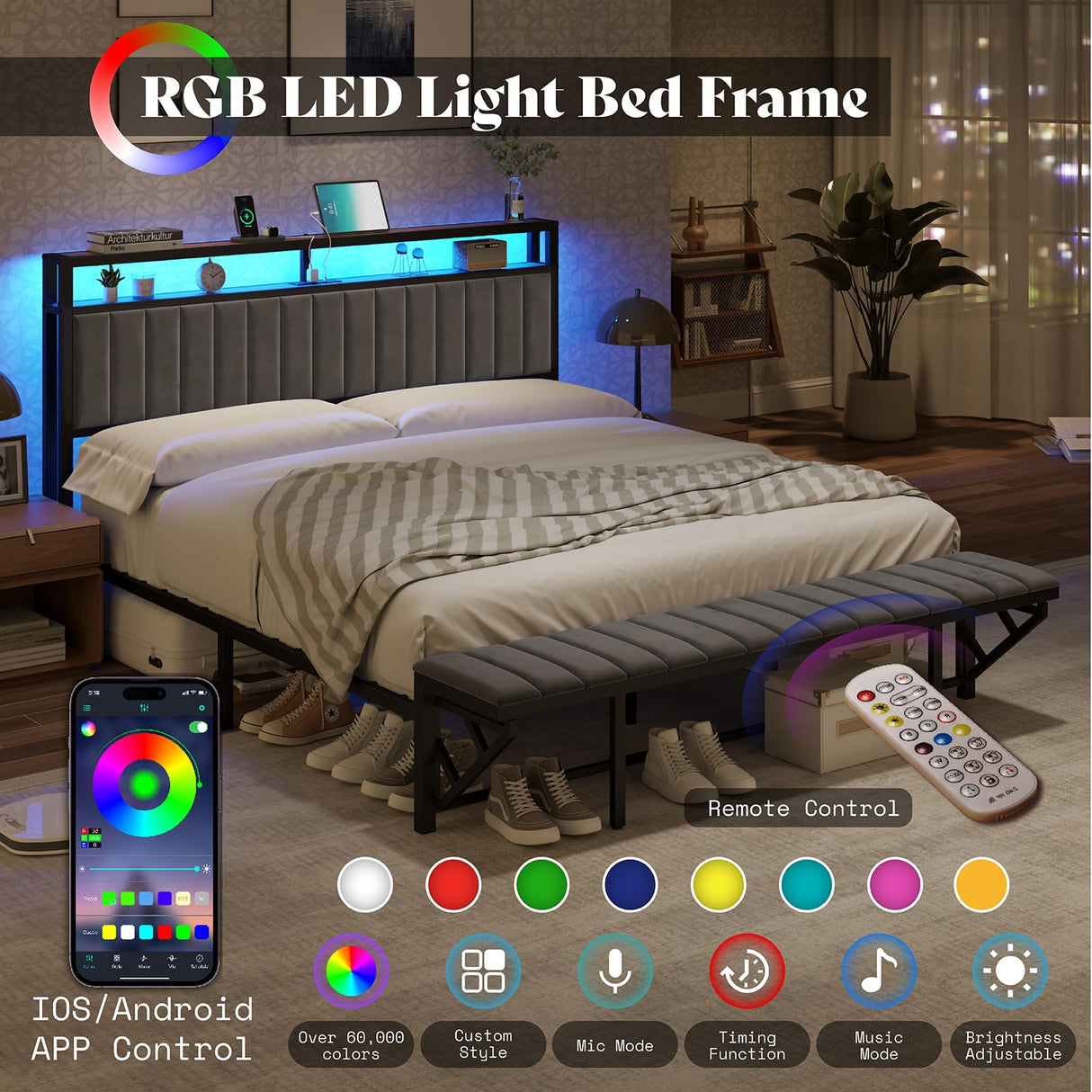 LUXOAK Full Bed Frame with LED Light and Charging Station, Velvet Upholstered Headboard with Storage Shelf, Heavy Duty Metal Slats/No Box Spring Needed/Easy Assembly, Grey LUXOAK